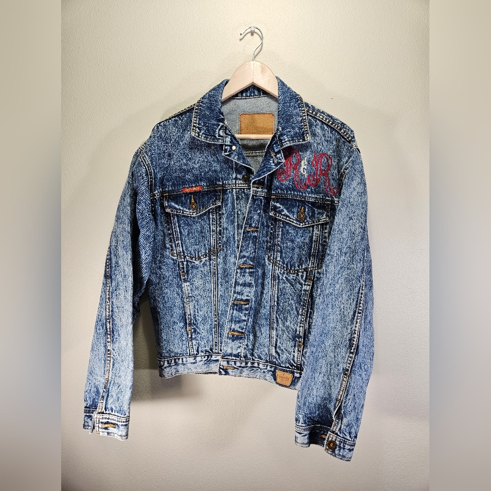 Vintage 90s Joey Fresco Acid Wash Embroidered denim jacket Large